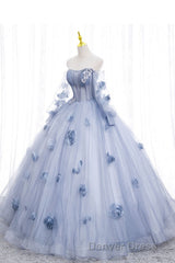 Blue Long Sleeves Tulle Prom Dresses with Flowers, Puffy Off the Shoulder Quinceanera Dresses