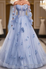 Blue Long Sleeves Tulle Prom Dresses with Flowers, Puffy Off the Shoulder Quinceanera Dresses