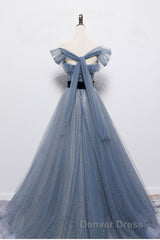 Blue Off the Shoulder Tulle Long Prom Dresses with Sash, Sparkly Formal Gown