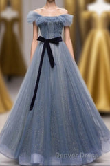 Blue Off the Shoulder Tulle Long Prom Dresses with Sash, Sparkly Formal Gown