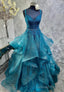 Blue Tulle Lace Long Prom Dresses, A-Line Spaghetti Straps Evening Dresses
