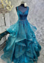 Blue Tulle Lace Long Prom Dress, A Line Spaghetti Straps Prom Dresses