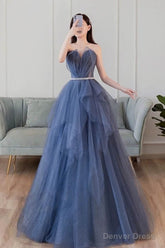 Blue Sweetheart Sleeveless Floor Length Sparkly Evening Prom Dresses with Belt