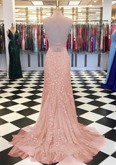 Blush Mermiad Spaghetti Straps Long Prom Dress with Appliques