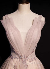 Blush Pink A-Line V-Neck Glitter Tulle With Beaded Long Prom Dresses Adult Ceremony Evening Dresses