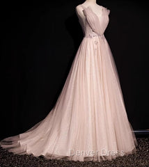 Blush Pink A-Line V-Neck Glitter Tulle With Beaded Long Prom Dresses Adult Ceremony Evening Dresses