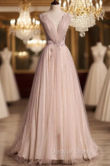 Blush Pink A-Line V-Neck Glitter Tulle With Beaded Long Prom Dresses Adult Ceremony Evening Dresses