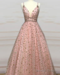 Blush Pink Ball Gown V-Neck Prom Dresses With Gold Stars