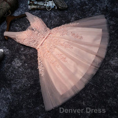 Blush Pink Lace Appliqued Tulle Homecoming Dresses,Formal Dresses