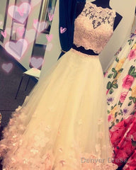 Blush Pink Lace Crop Tulle Two Piece Ball Gowns Quinceanera Dresses