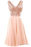Blush Pink V Sleeveless Chiffon Short Bridesmaid Dresses With Rose Gold Sequins Prom Gowns