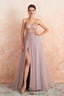 Spaghetti Straps V Neck Sheer Top Tulle Long Prom Dresses with Side Slit
