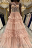 Blushing Pink Tulle Ruffle Layers Lace-Up Back A-Line Prom Dresses