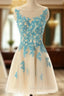 Boat Neck Champagne Tulle Prom Dresses with Blue Lace