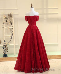 Burgundy a Line Lace Long Prom Dresses, Burgundy Evening Dresses