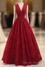 Burgundy V Neck Lace Long Prom Dresses, Burgundy Evening Dresses
