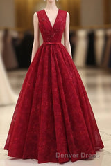 Burgundy V Neck Lace Long Prom Dresses, Burgundy Evening Dresses
