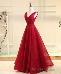Burgundy V Neck Lace Long Prom Gown Burgundy Evening Dresses