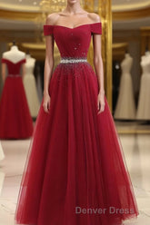 Burgundy Tulle Off Shoulder Long Prom Dresses, Burgundy Evening Dresses