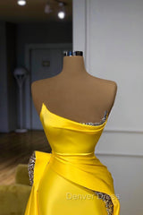 Bright Yellow Strapless Metallic Sequin Overskirt Prom Dresses