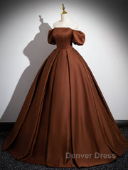 Brown A-Line Satin Long Prom Dresses, Brown Long Formal Dresses