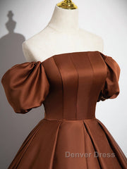 Brown A-Line Satin Long Prom Dresses, Brown Long Formal Dresses