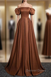 Brown A-Line Satin Long Prom Dresses, Brown Long Formal Dresses