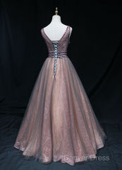Brown A-Line Tulle Long Formal Dresses Features Plunge Neck With Mesh Insert Prom Dresses,