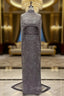 Brown Beading Prom Dress Sweep Train High Neck Zipper Sleeveless Prom Dresses