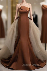 Brown Mermaid Satin Tulle Prom Dresses