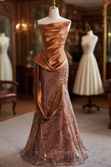 Brown Mermaid Strapless Sequins Satin Prom Dresses