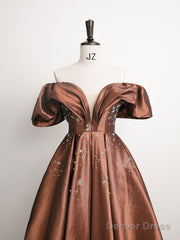 Brown Off Shoulder Taffeta Short Prom Dress, Brown Formal Dress