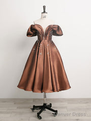Brown Off Shoulder Taffeta Short Prom Dress, Brown Formal Dress