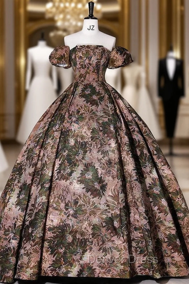 Brown Print Strapless Quinceanera Dresses Detachable Sleeve – Denver Dress