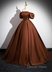 Brown Satin A-Line Short Sleeves Party Dresses, Simple Satin Prom Dresses Evening Dresses