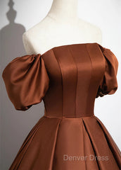 Brown Satin A-Line Short Sleeves Party Dresses, Simple Satin Prom Dresses Evening Dresses