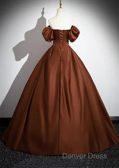 Brown Satin A-Line Short Sleeves Party Dresses, Simple Satin Prom Dresses Evening Dresses