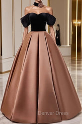 Brown Satin And Black Velvet Prom Dresses, Off Shoulder A-Line Party Dresses