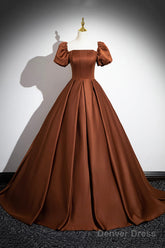 Brown Satin Long A-Line Prom Dress, Off The Shoulder Evening Party Dress