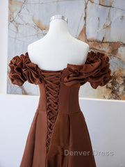 Brown Satin Off Shoulder A-Line Prom Dresses, Brown Satin Evening Dresses Formal Dresses