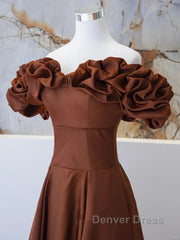 Brown Satin Off Shoulder A-Line Prom Dresses, Brown Satin Evening Dresses Formal Dresses