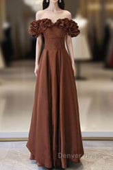 Brown Satin Off Shoulder A-Line Prom Dresses, Brown Satin Evening Dresses Formal Dresses