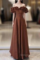 Brown Satin Off Shoulder A-Line Prom Dresses, Brown Satin Evening Dresses Formal Dresses