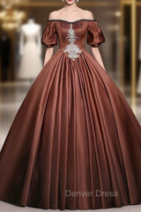 Brown Satin Off the Shoulder Short Sleeve Quinceanera Dresses