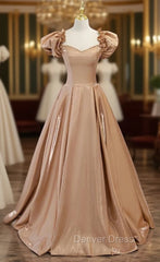 Brown Satin Puff Sleeve Beading Prom Dresses