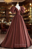 Brown Satin Short Sleeves Long Party Dresses, Brown V-neckline Prom Dresses