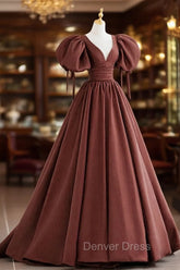 Brown Satin Short Sleeves Long Party Dresses, Brown V-neckline Prom Dresses