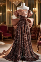 Brown Sequins Satin Pleats Prom Dresses With Bow