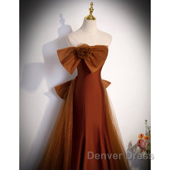 Brown Tulle And Satin Mermaid Long Party Dresses, Long Formal Dresses Prom Dresses