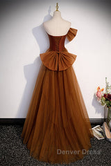 Brown Tulle And Satin Mermaid Long Party Dresses, Long Formal Dresses Prom Dresses